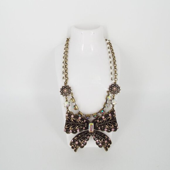 Betsey Johnson Large Bow Pink Crystal Rhinestone Faux Pearl Statement Necklace - Picture 1 of 10
